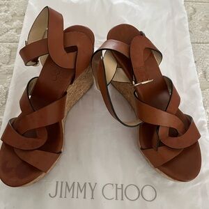 Jimmy Choo Aleili Cork Platform Wedge Sandals Brown Leather Size 36